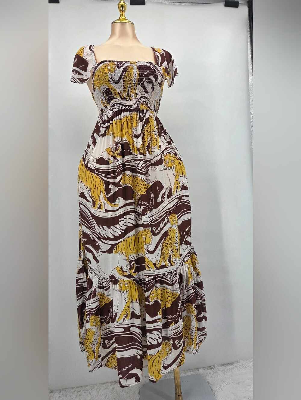 By Anthropologie Tiger Leopard Print Smocked Maxi Dress XS Brown Yellow